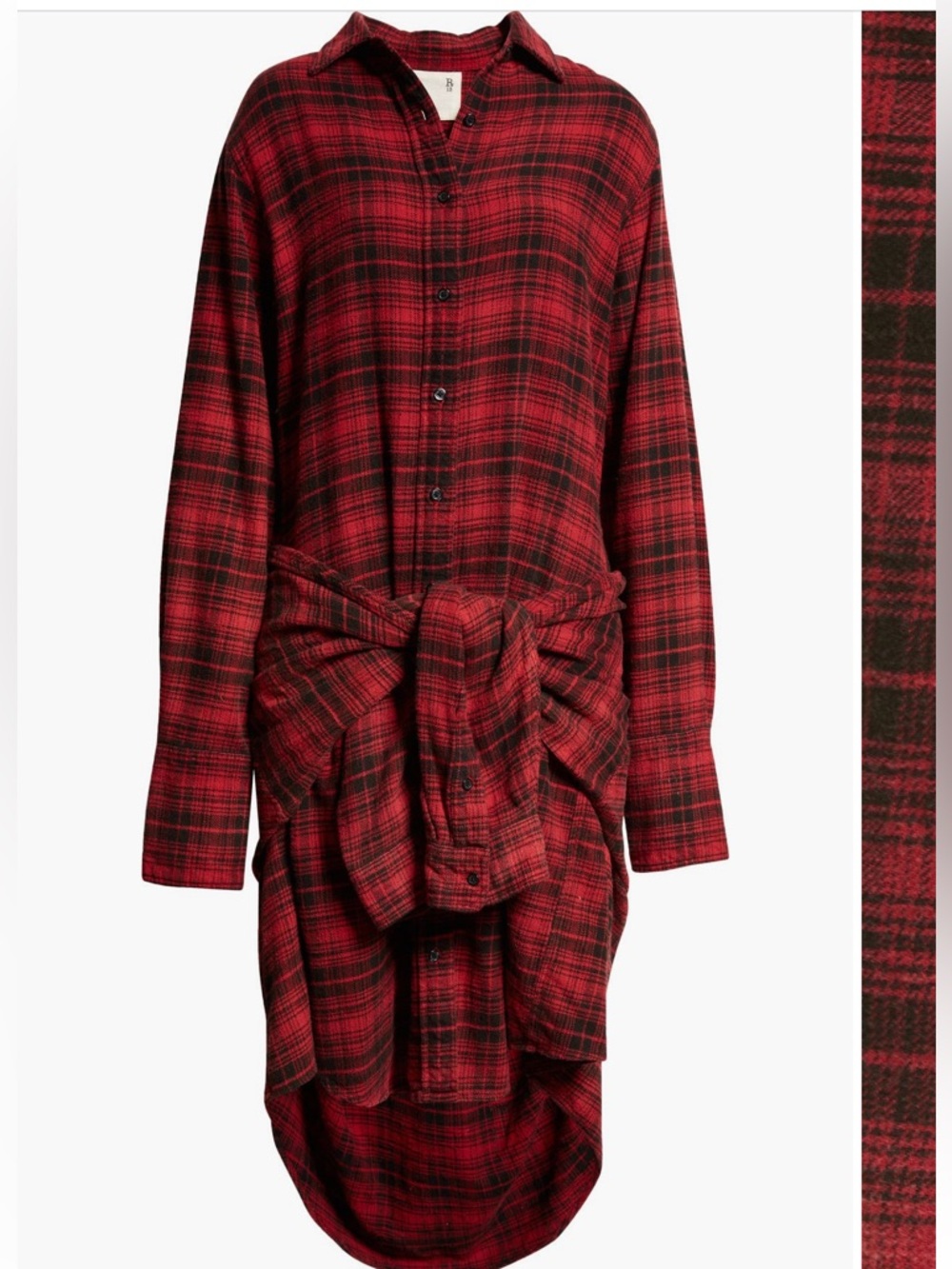 R13 Tie Waist Midi Shirt Dress - Red/Black Plaid Size XS - Picture 12 of 12